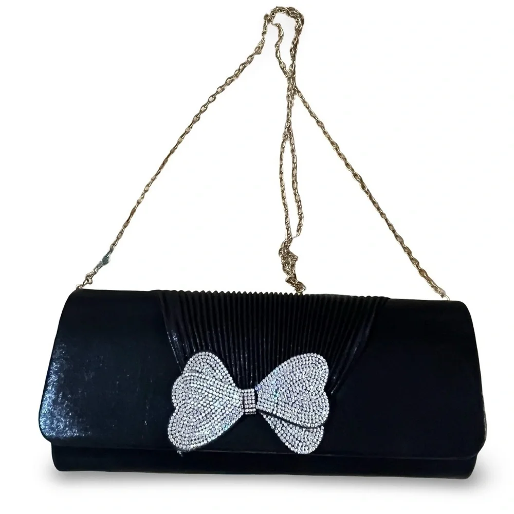 Black Rhinestone Bow Evening Clutch with Chain Gold Chain Strap